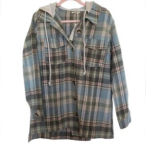 Mystree Plaid Button Down Hooded Shacket Jacket